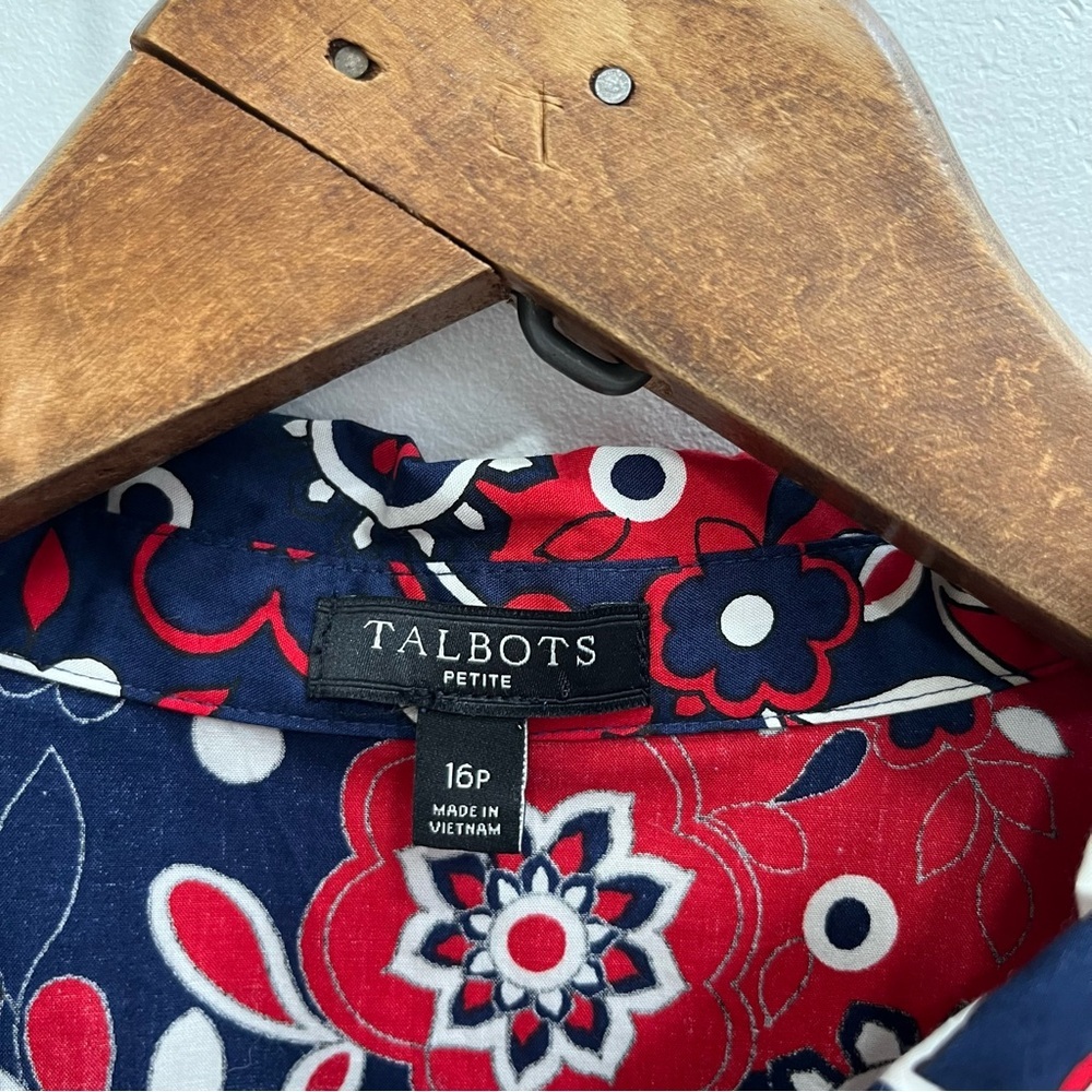 Talbots Picnic Paisley Poplin Shirtdress Navy Blue Red Belted Long Sleeve 16P - Picture 12 of 13